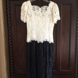 Cachet Vintage 1980s White/Black Formal Lace Dress Ankle/Tea Length 11/12